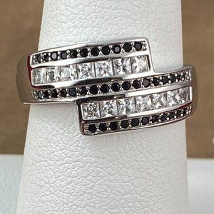 1/2CT Black Sapphire & CZ's Pave Set 925 Silver Ring